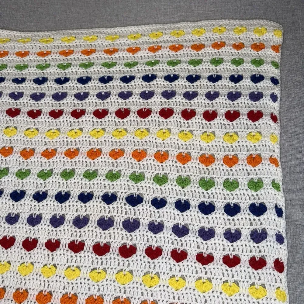 Handmade Crochet Rainbow Heart Baby Blanket Afghan Grandma Grannycore 34